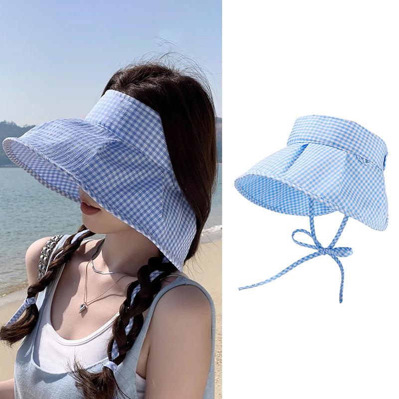 Summer Checkered Sun Hat Foldable Wide Brim Empty Top Beach Hat Breathable Uv Protection Women Sun Shade Visors