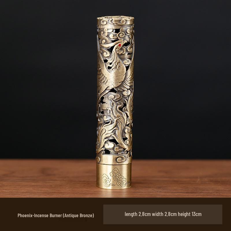 Alloy Cylindrical Incense Burner with Phoenix and Dragon Design for Indoor Sandalwood Offering to Buddha.
