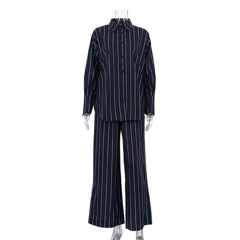 

European and American Leisure Stripe Shirts Wide Leg Pants Set Loose Striped Shirt and Pants Set Dark Blue M