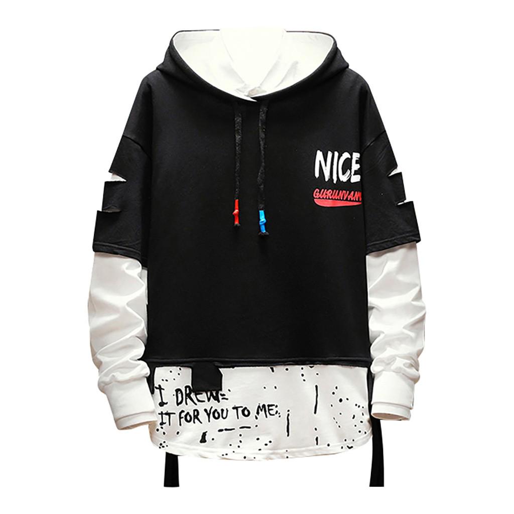 Men  Splicing Button Pullover Long Sleeve Hooded Sweatshirt Tops Blouse