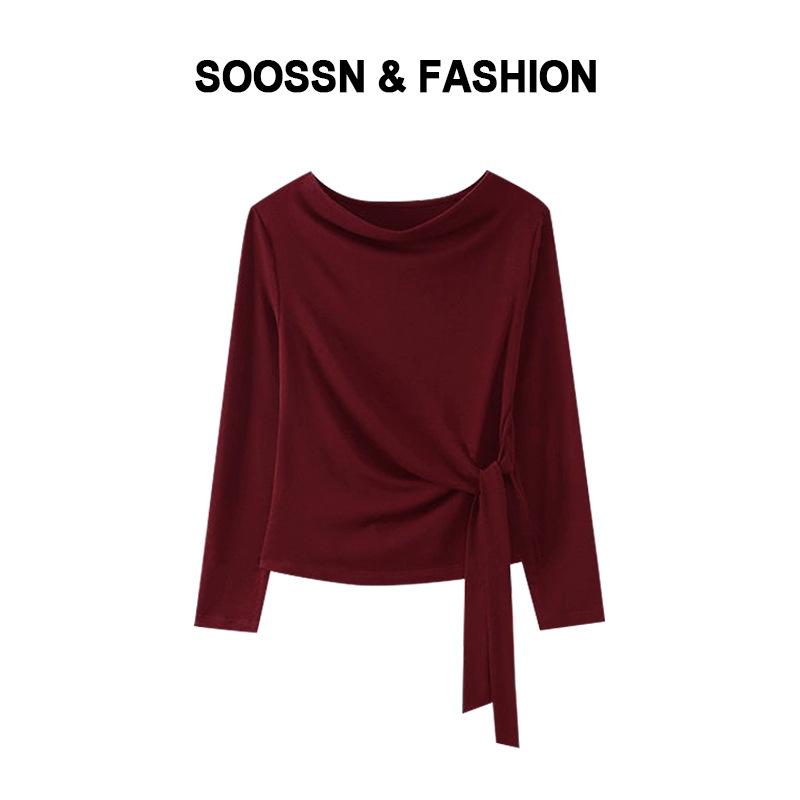 Tencel Long-sleeved Women's Clothing Autumn New Fashion Solid Color One-word Collar Thin Versatile Lace-up Top
