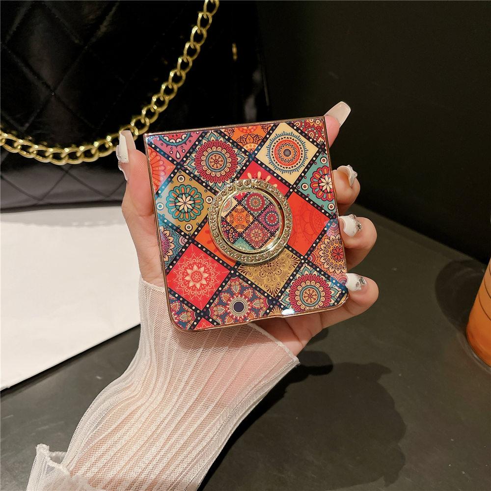 N3 Flip Blue-Ray Ring Holder Retro Palace Gold Plating Flower Case For OPPO Find N3 FlipFind N2 Flip Shockproof Back Cover