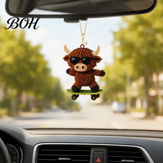 Stress Relief Craft DIY Highland Cow Beading Kit, Cute 3D Bead Pendant Handmade Ornaments with Colorful Beads And Instructions, Beadwork Kit