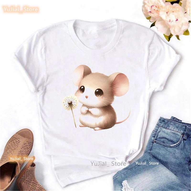 Mouse Wish Dandelion Print T Shirt Girls Kawaii Clothes Summer Fashion Tops Tee Shirt Unisex Harajuku Shirt