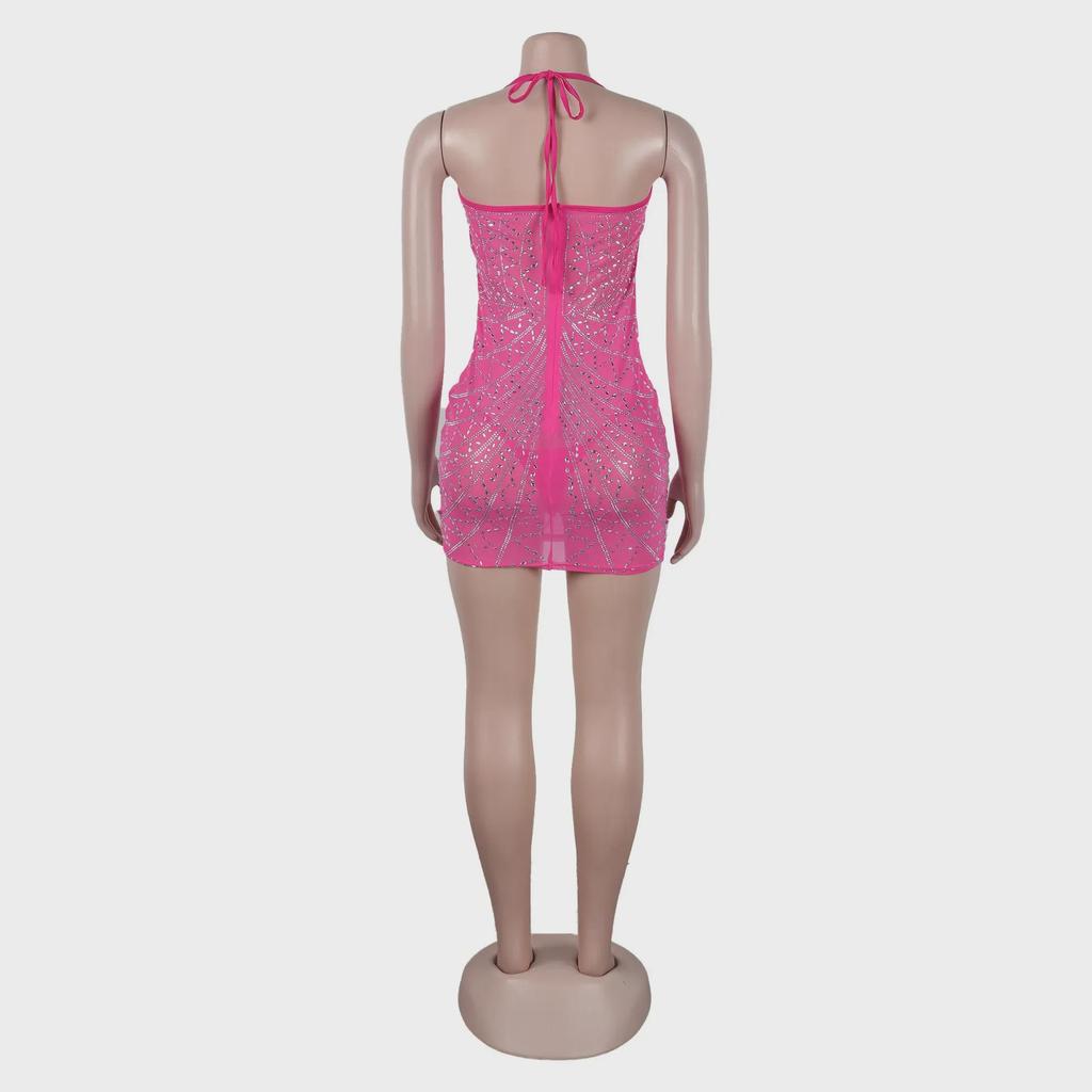 European & American Sexy Diamond Tassel Slimming See-Through Dress K2735