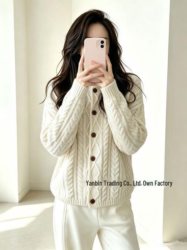 European Style Women's Wool Knit Cardigan Coat with Thick Cable Knit and High Neck Lapel