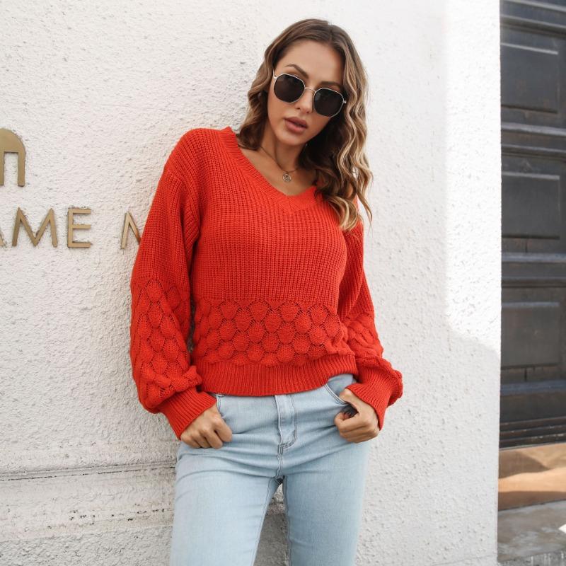 Women Loose Fit Lantern Sleeve Knit Sweater For Autumn Winter