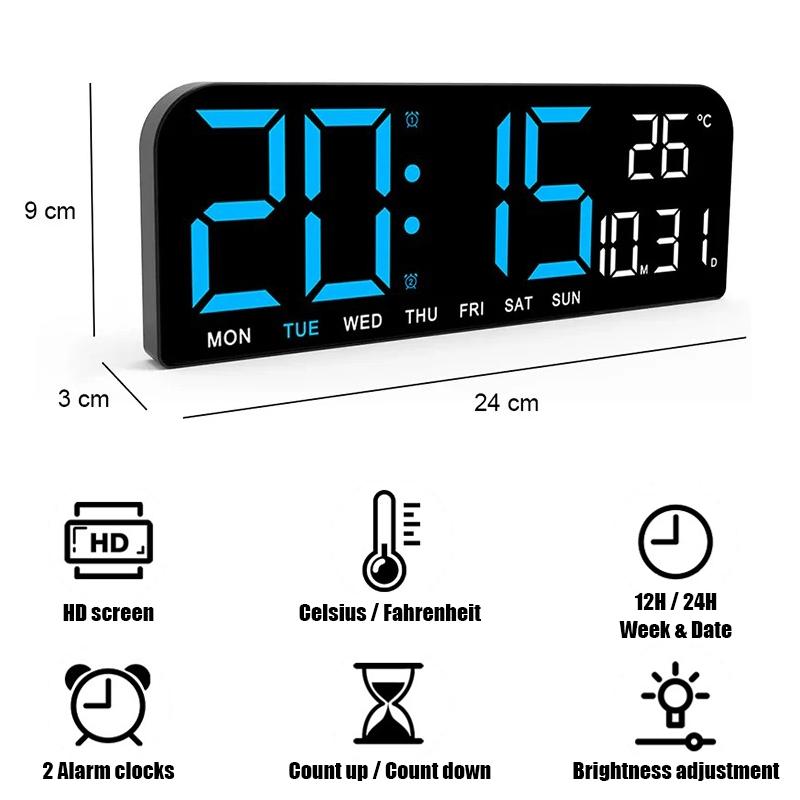 9 Inch Large Digital Wall Clock Temperature and Date Week Display Night Mode 12/24H Table Alarm Clock Electronic LED Clock
