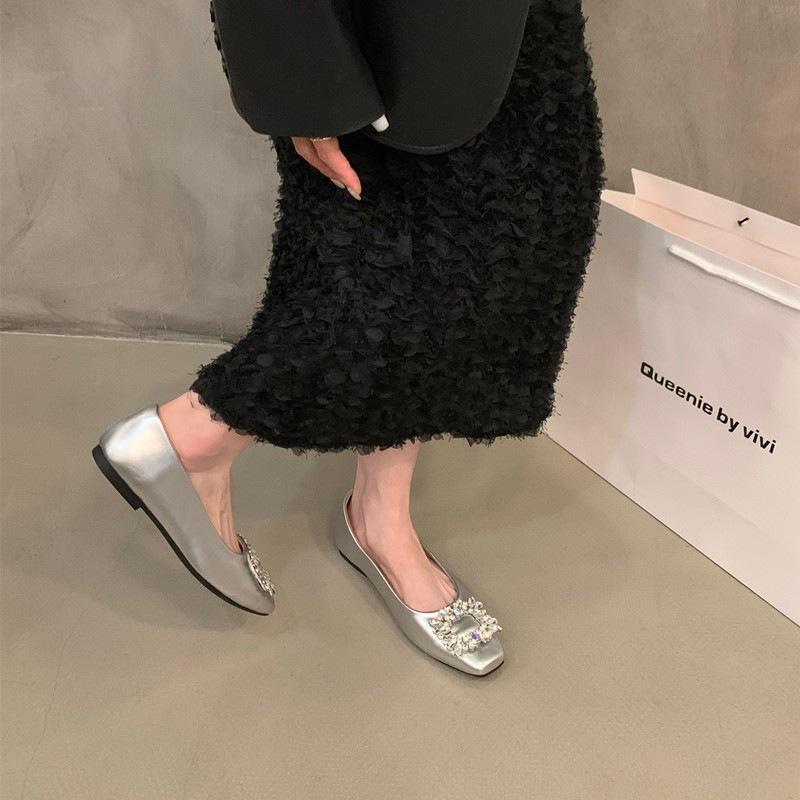 Flat Bottom Silver High-end Square Head Rhinestone Single Shoes Women's Shoes Autumn 2025 New Commuter Black Beanie Shoes