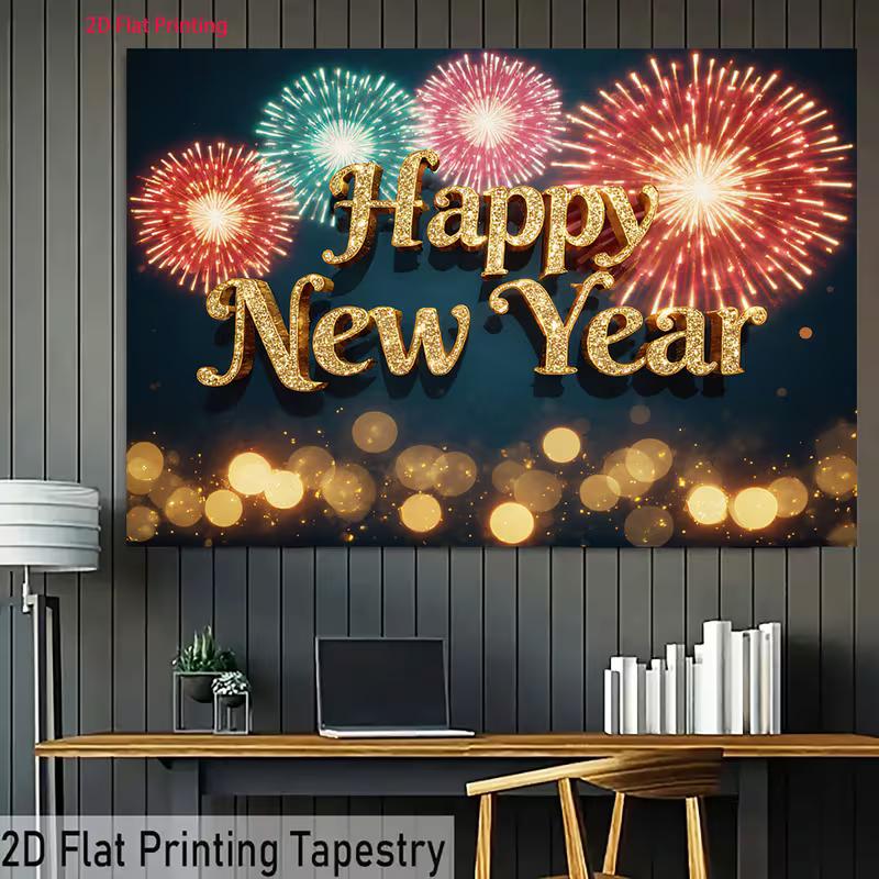 2D Gold Happy New Year Backdrop Colorful Fireworks Celebration Photo Background