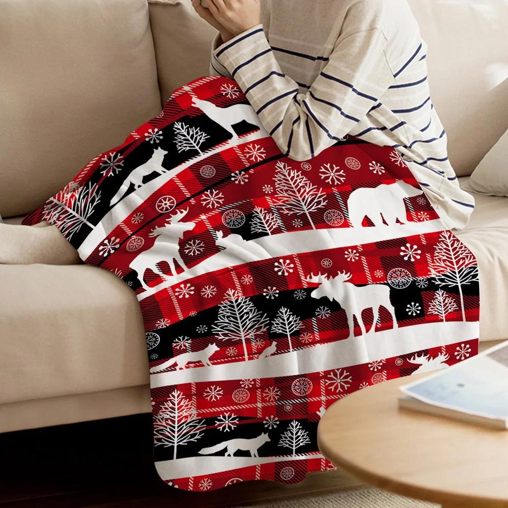 Christmas Winter Animals Checkered Buffalo Blankets Throw Cover Fleece Comfort Warm Room Couch Home Bedspread Blanket