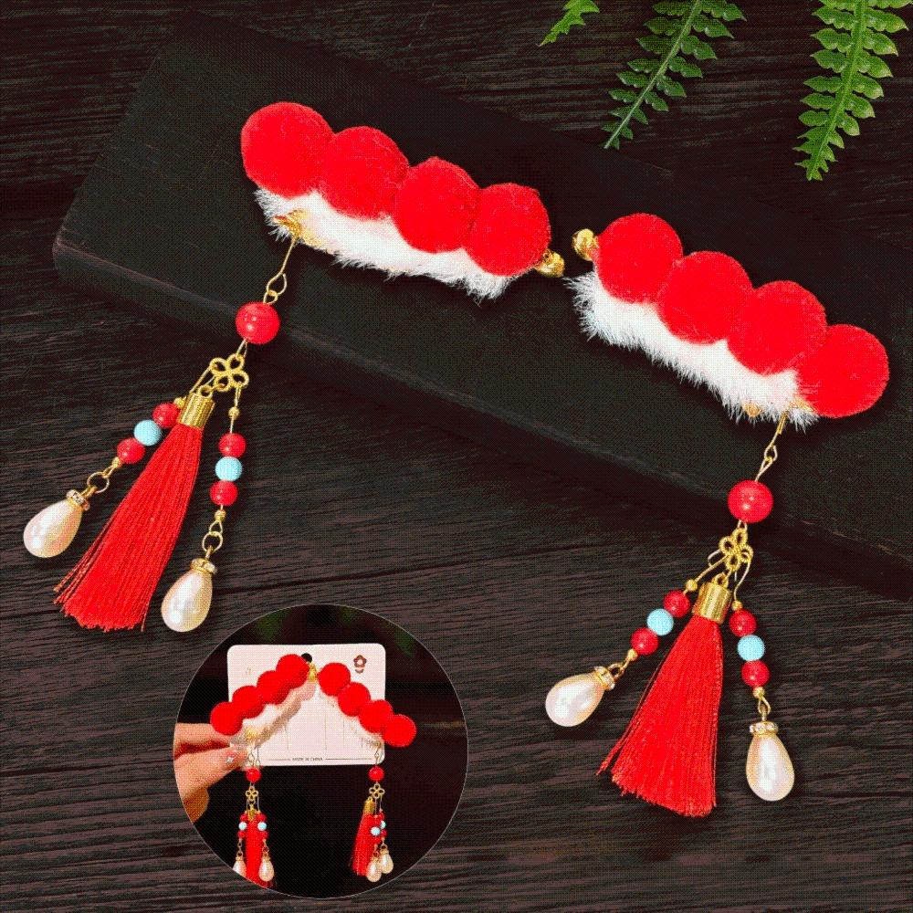 1 Pair Pearl New Year Headwear Chinese Style Bow Tassel Hairpin Hanfu Red Hair Clips New Year Gifts