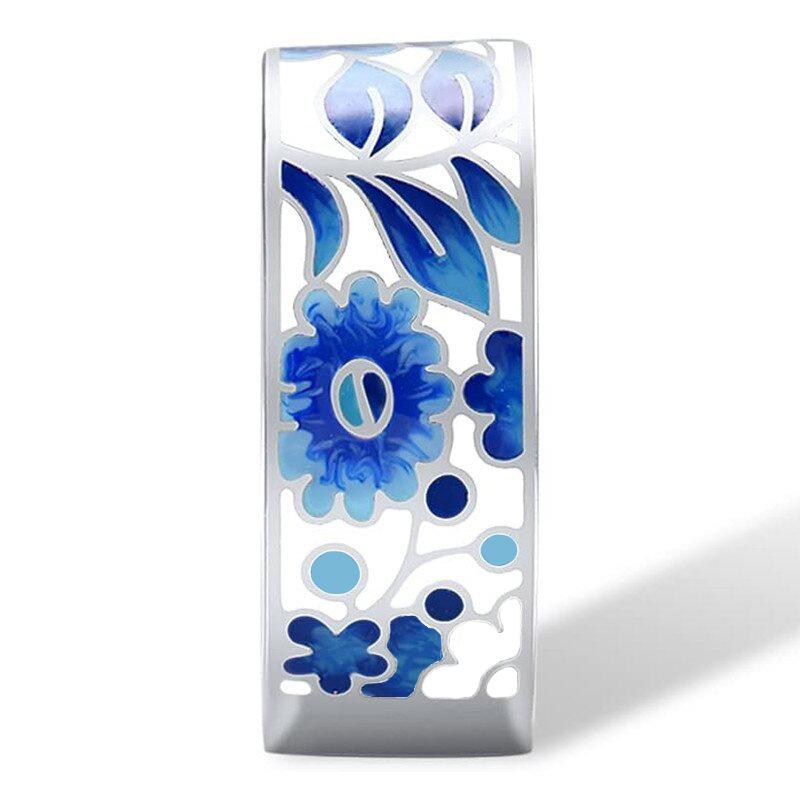 Silver Plated Blue & White Enamel Flower Pattern Ring, Vintage Turkish Art Inspired Band Ring for Women