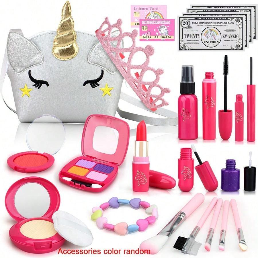 Girl Pretend Makeup For Kids,Fake Make Up Toys For Little Girls With Princess Purse, Toddler Makeup Kit,Girls Birthday Gifts(Acc