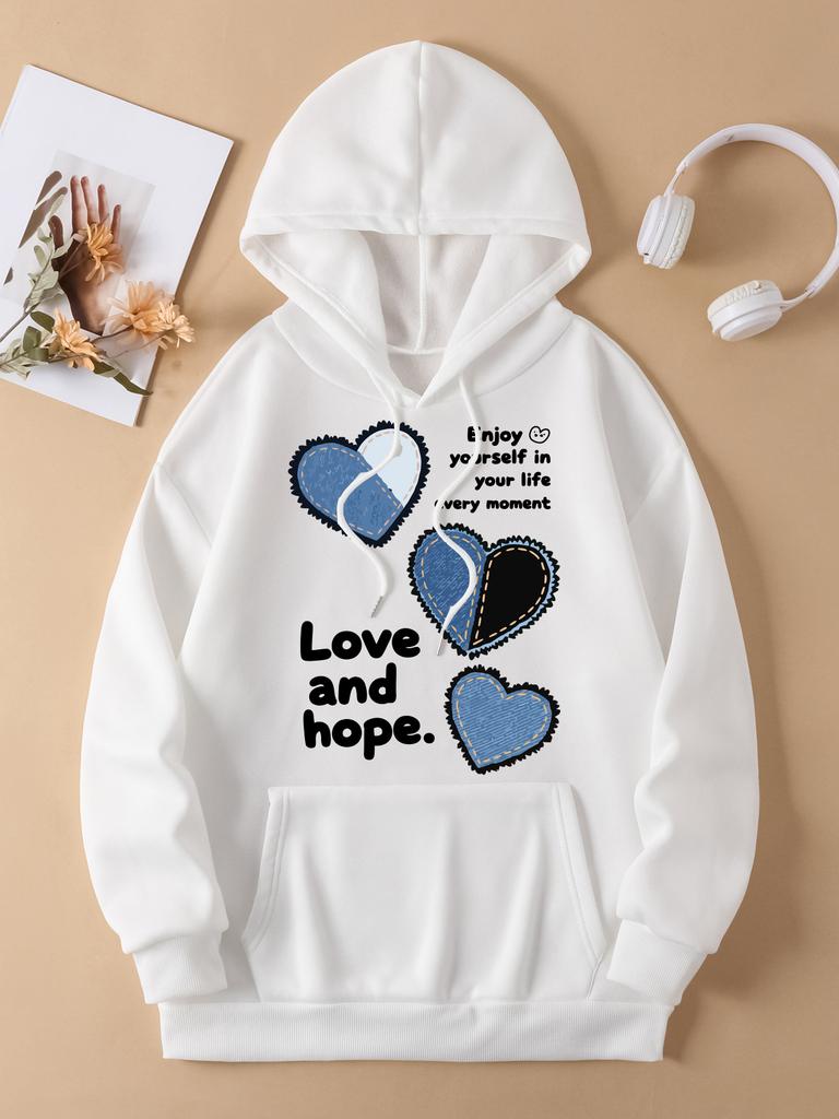 Love And Hope Blue Heart Printing Hoodie Women Multicolor All-Match Y2K Hoody Fleece Loose Hoodies Pocket Autumn Pullovers