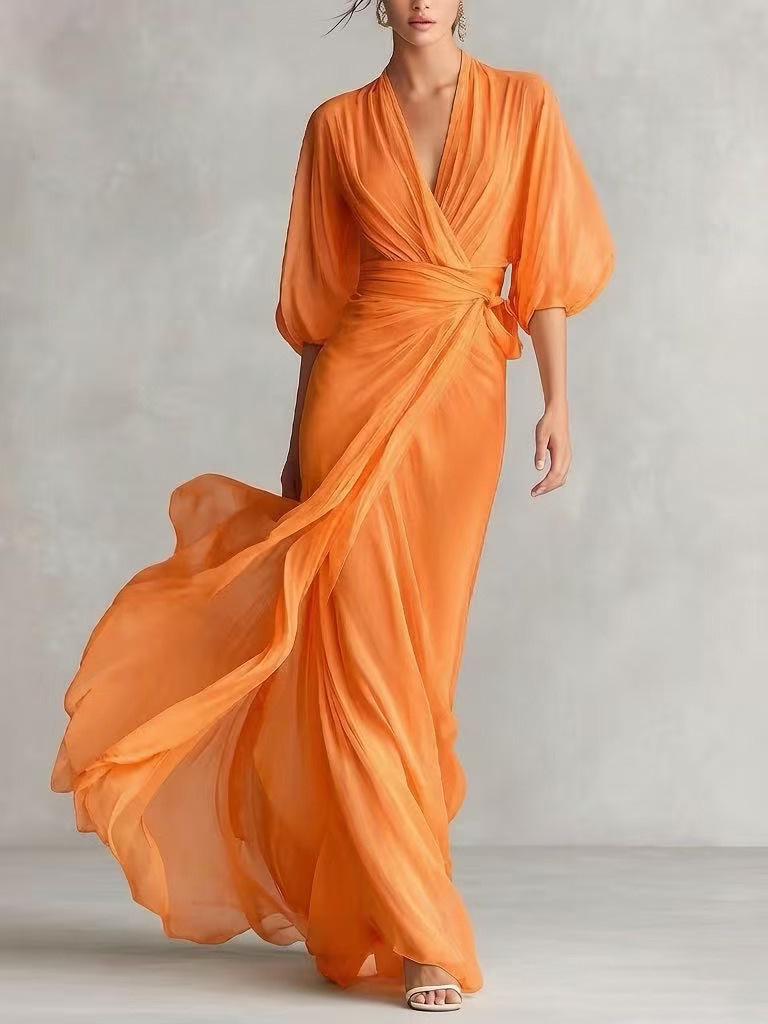 European-American Deep V-neck Romantic Autumn Banquet Puff Sleeve Long Dress