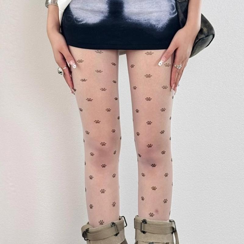Women Aesthetic Sweet Cats Paws Bowknot Printed Sheer Silk Tights Stockings Thin See Through Pantyhose Leggings Hosiery
