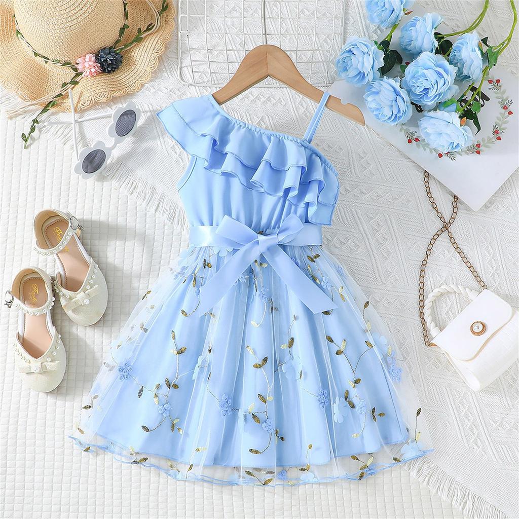 Summer Children Leaf Inclined Shoulder Strap Craft Skirt Girls Fashion Casual Dress
