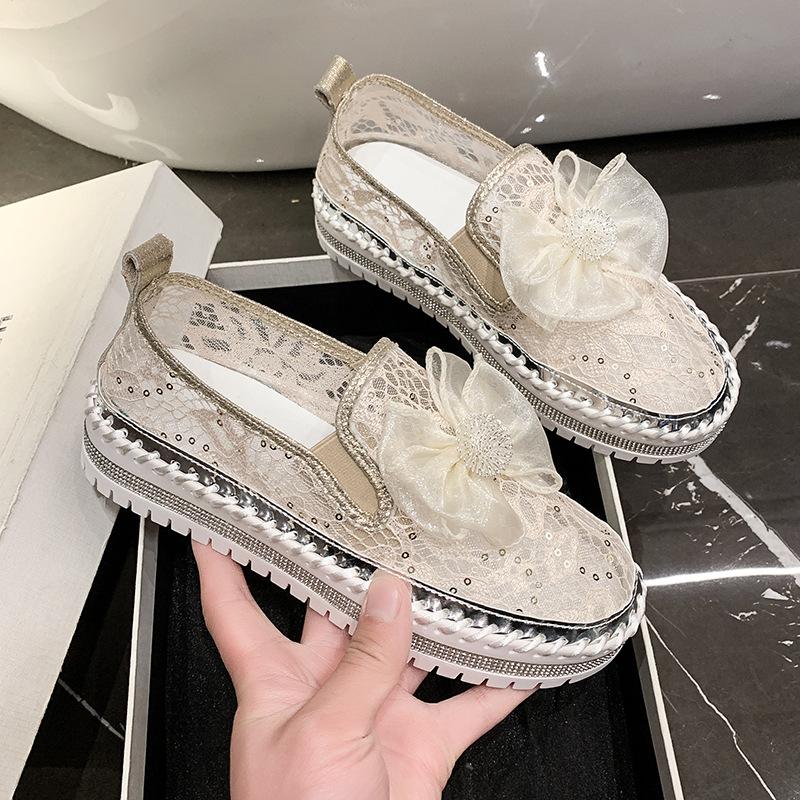 Fashion New Platform Diamonds Butterfly Knot Women Flats Bling Woman Rhinestone Ladies Casual Mesh Chunk Sole Slip-on Shoes Size 43