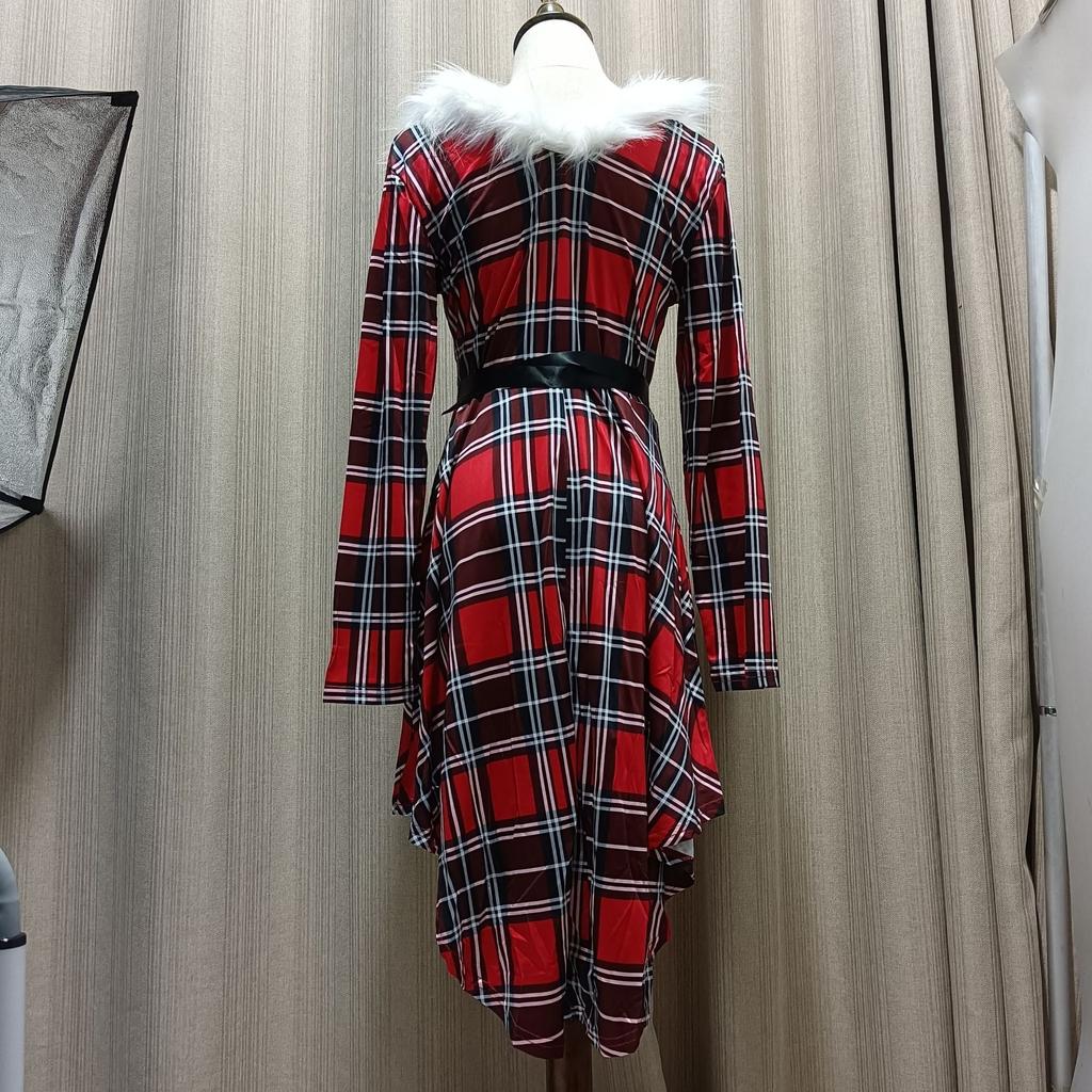 Women's Plush Flared Dress, Christmas Holiday A-Line Gown with Audrey Hepburn Style, High-Low Hem Long Sleeve Party Dress for Festive Season