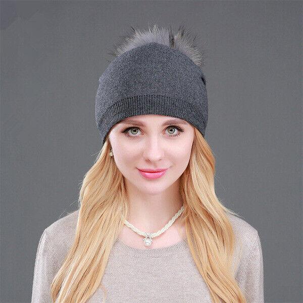 Women Winter Warm Cashmere Wool Knitted Real Fur Pom Pom Ball Beanie Hat