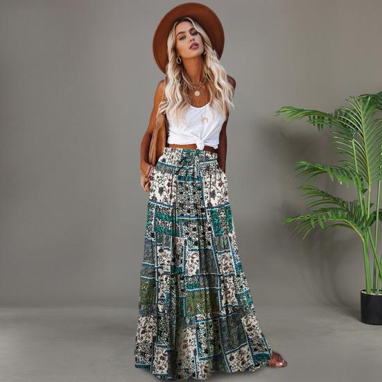 Women Maxi Skirt High Waist Large Hem Boho Printed Ruffle Stitching Long