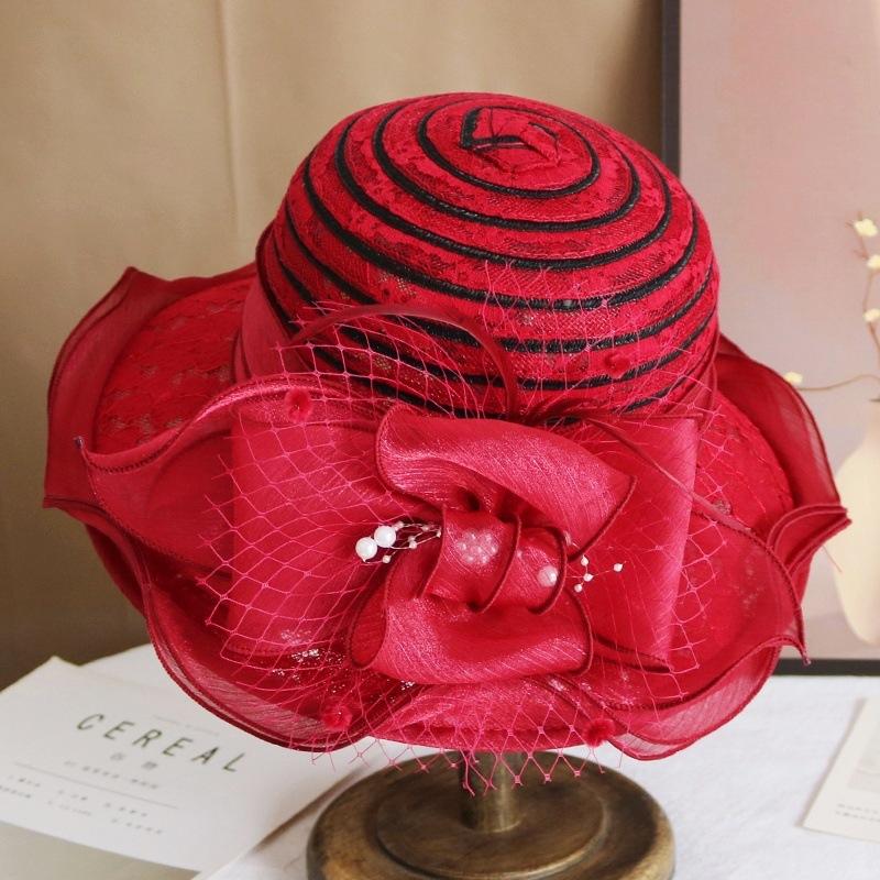Hat female summer European and American lace breathable sun hat temperament elegant pearl flower bucket hat sun protection sun hat tide