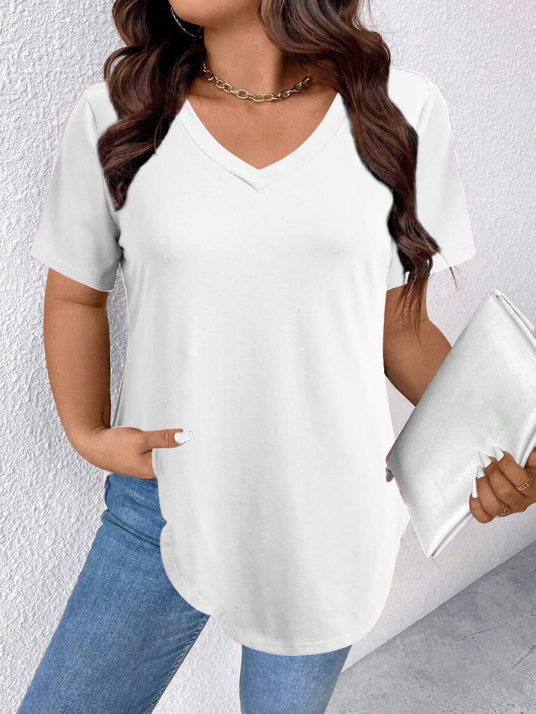 Women's V Neck Short Sleeve Tunic Top Loose Fit Casual Style Polyester Solid Color Curved Hem Long Tee Plus Size Summer Shirt