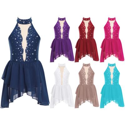 Kinder Mädchen Strass Lyrical Dance Kostüm Transparent Mesh Patchwork Ärmelloses Unregelmäßigen Saum Kleid Tanzbekleidung