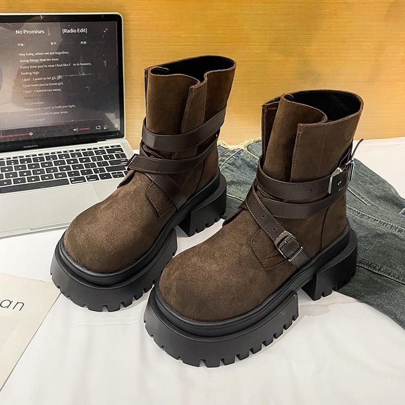 2025 autumn new retro belt buckle muffin Martin boots women's thick-soled thin Maillard short boots fashion boots