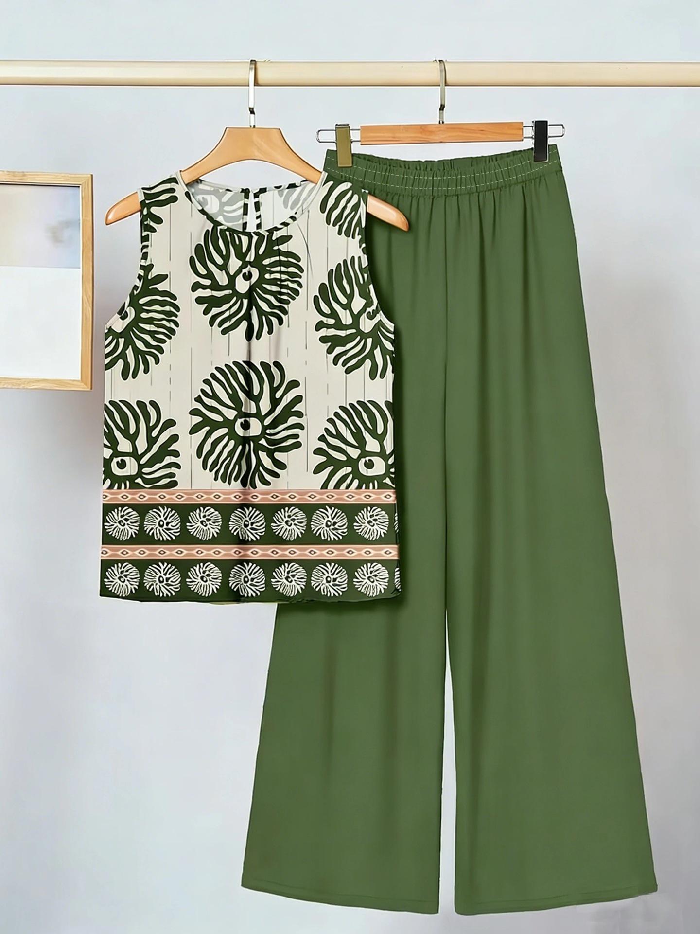 2026 Early Spring Women s Sleeveless Irregular Vest and Printed Pants Two-Piece Set 4XL темно-зеленого