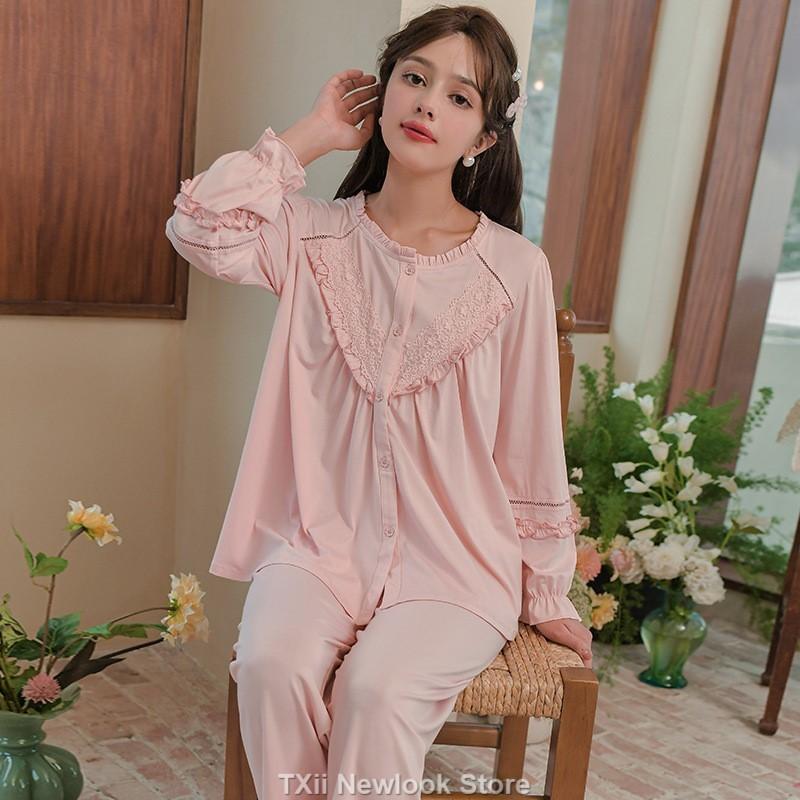 

Пижамный комплект с длинными рукавами из французского кружева в стиле суда, осенняя домашняя одежда из двух предметов, которую можно носить снаружи M розовый