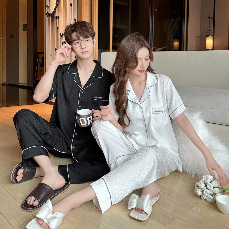 1011 New Ice Silk Couple Pajamas Women's Summer Short-sleeved Trousers Simple Suit Silk High-end Loungewear