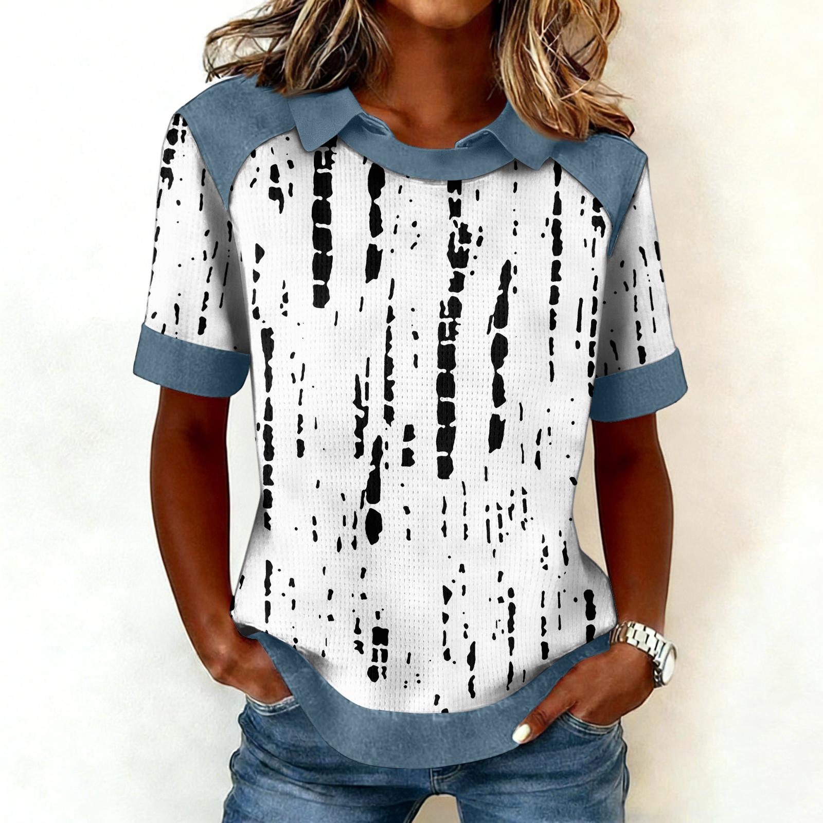 

Women s Fashion Collar Cowboy Splicing Sweatshirt Casual Printed Hoodie Short Sleeve Shirt Top XL білий