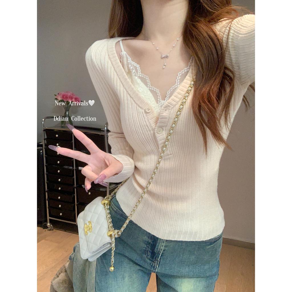 Spice Girl Wind Lace with Chest Pad Suspender Women's Spring Button Neck Pit Strip Sweater Bottom Shirt Two-piece Set