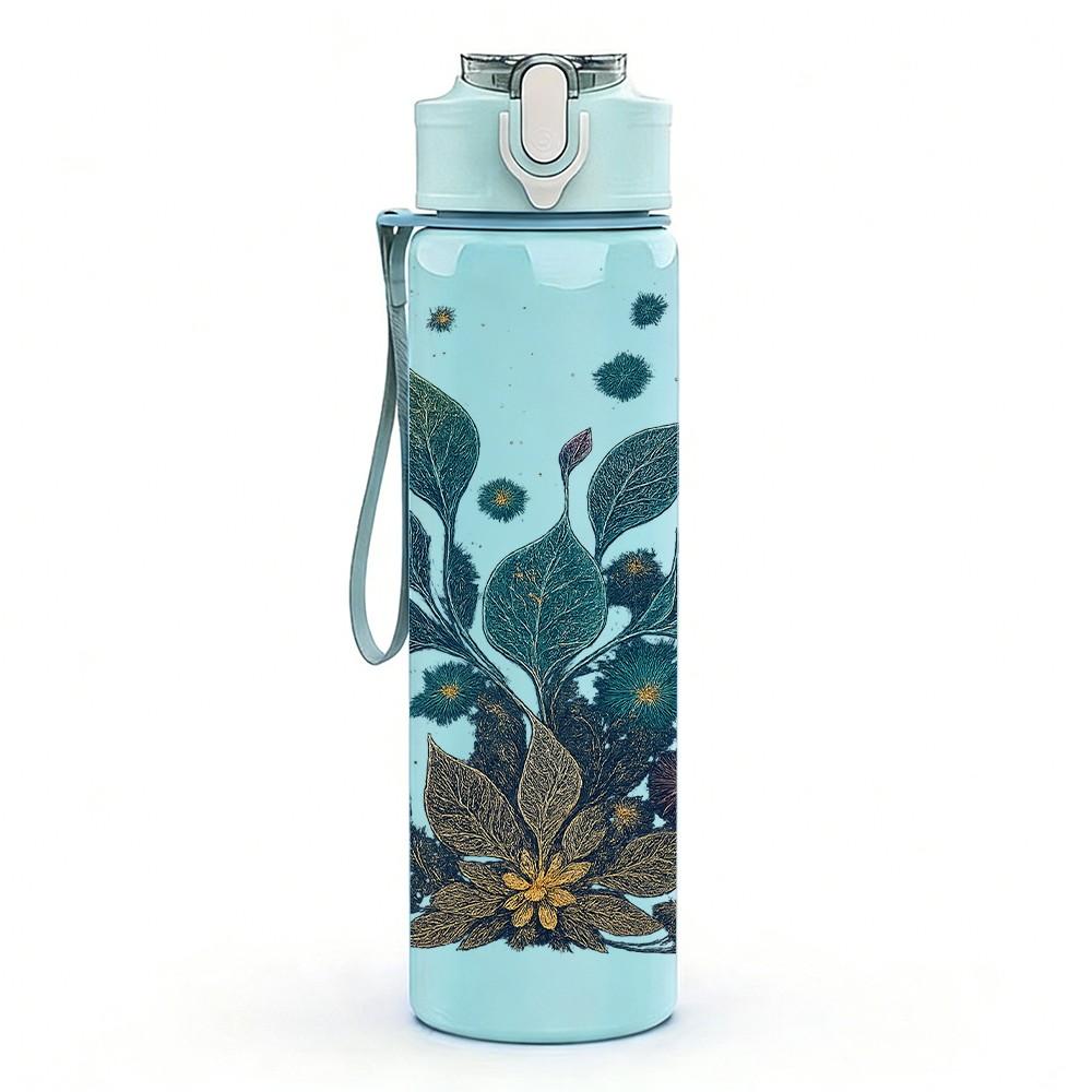 1PC Dark Teal Leaf Botanical Art Print 750ml Color Plastic Sports Water Bottle Leakproof Flip Straw Lid Suitable for Sports Office Home Use