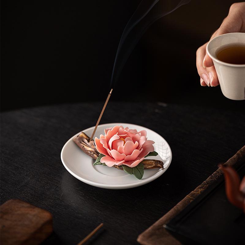 Zen Ceramic Censer Handicrafts Home Ornaments Peonies Incense Burner Flower Incense Stick Holder Home Office Table Decoration