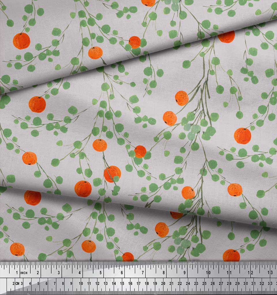 Soimoi Black Japan Crepe Satin Fabric Leaves & Orange Fruits Print Fabric by Metre 42 Inch