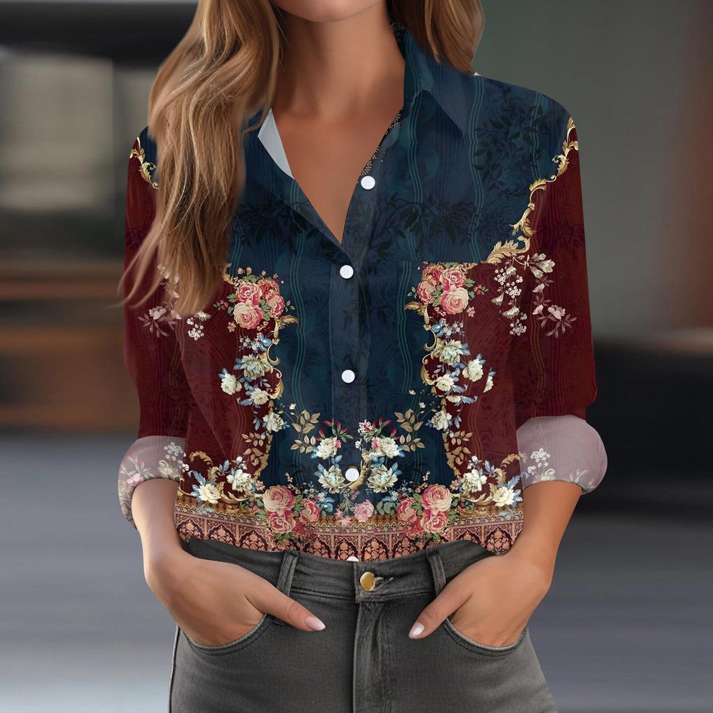 Women's Shirt Blouse Print Button Long Sleeve Casual Basic Shirt Collar Regular Top With Pockets
