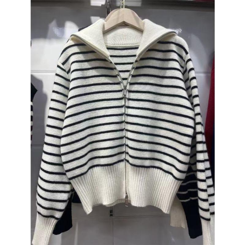 

Новый кардиган с лацканами, двойной молнией, в полоску, с цветовой блокировкой, простой, женский, свободный, повседневный, вязаный жакет one size fits all