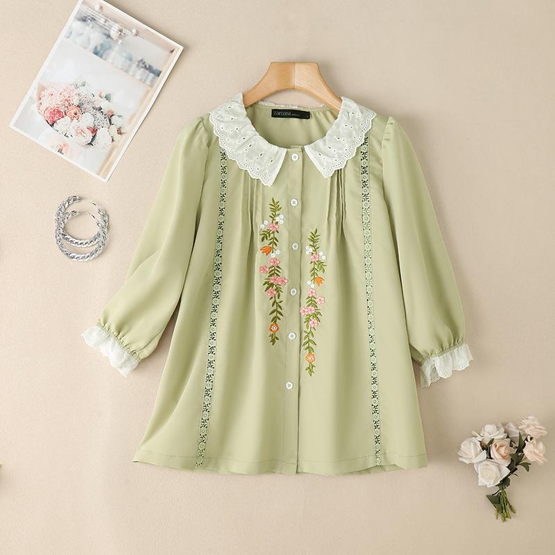 

ZANZEA Женская повседневная блузка свободного кроя с цветочной вышивкой и рукавами 3/4 4XL светло-зеленый