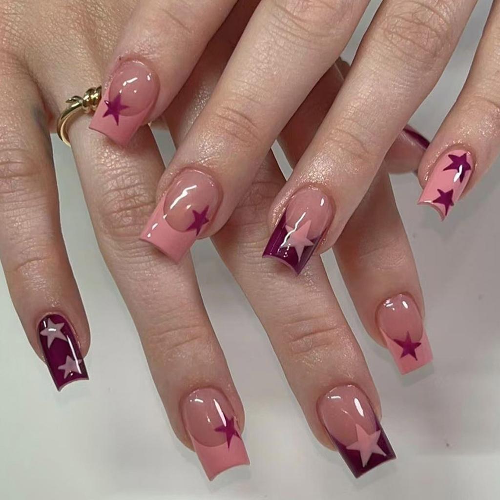 Unghie Finte a Pressione a Forma di Bara French Tip Unghie Finte Colla su Unghia Design a Stella Unghie Finte Unghie Artificiali