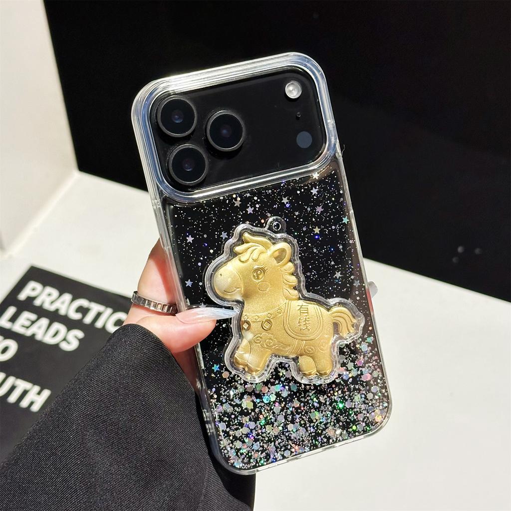 For iPhone 17 Pro Case Sparkling Glitter PC Phone Cover with Golden Horse Ornament