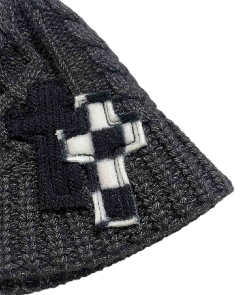 SK8ER ROCK Cable Knit Cross Bucket Hat ((Charcoal))