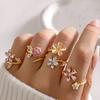4pcs Set of Alloy Rhinestone Imitation Pearl Oil Painting Stacked Ring Set. Fashionable, Elegant And Sexy Flower Pink Series Rhinestone Imitation Pear