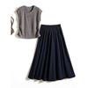 Chinese Fashion Two-piece Set! Women's Summer Shoulder Sleeve Round Neck Knitting Sweater T-shirt + Cotton Skirt Overknee Skirt