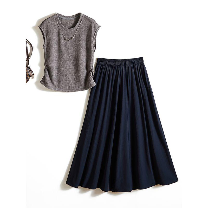 Chinese Fashion Two-piece Set! Women's Summer Shoulder Sleeve round Neck Knitting Sweater T-shirt + Cotton Skirt Overknee Skirt