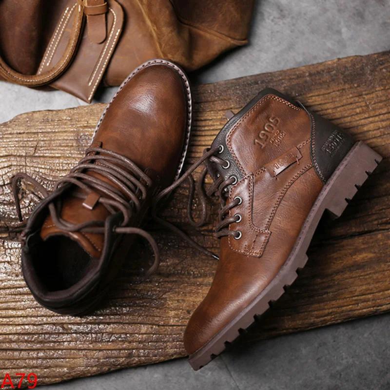 39-48 High Quality Men Plus Size Fashion High Top Brown Leather Ankle Motorcycle Boots Autumn Winter Outdoor Work Casual Shoes