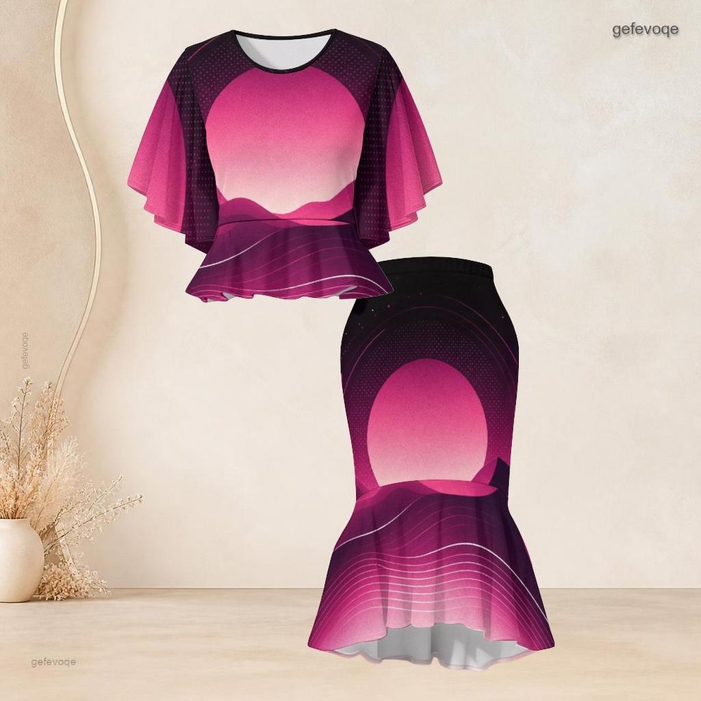 Women Plus Size Printed Round Neck Batwing Sleeve Ruffle Hem Top Fishtail Skirt Two Piece Set