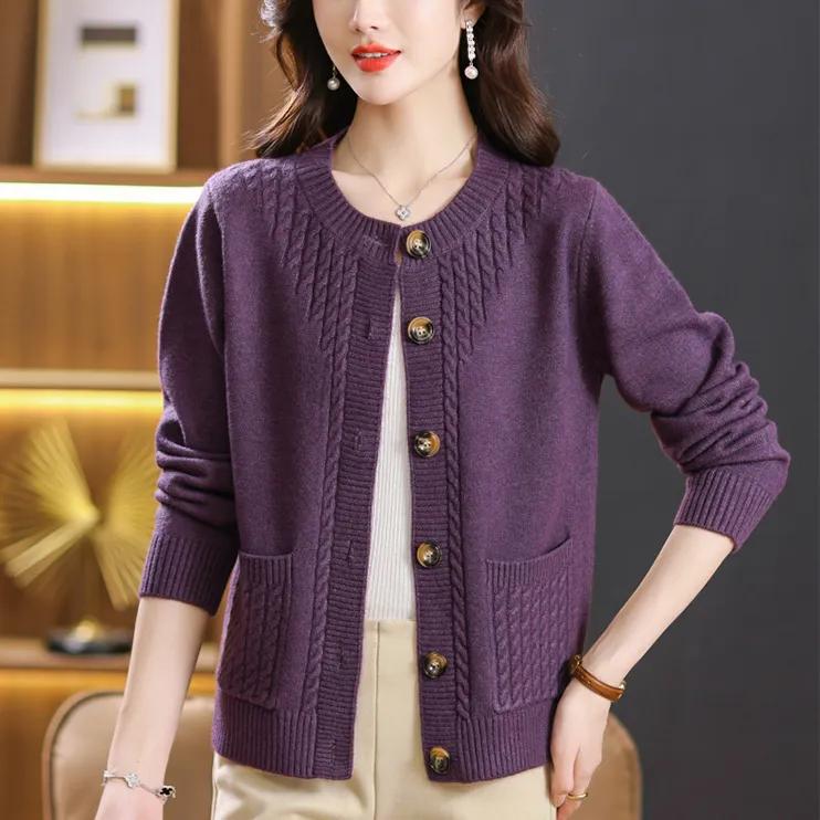 Damen Herbst Eleganter Rundhals Strickjackenpullover Einfarbig Weiche Strickjacke